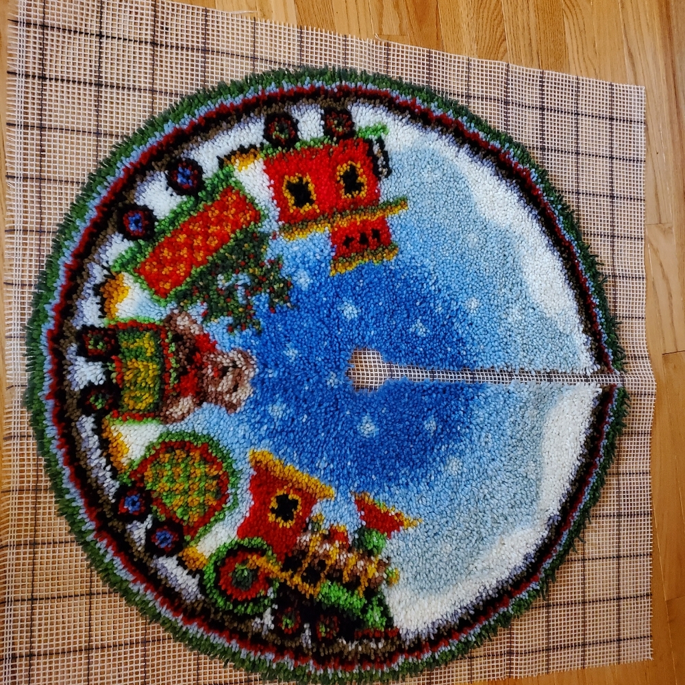 Completed Herrschner Decorative Latch Hook Tree Skirt  - Toyland